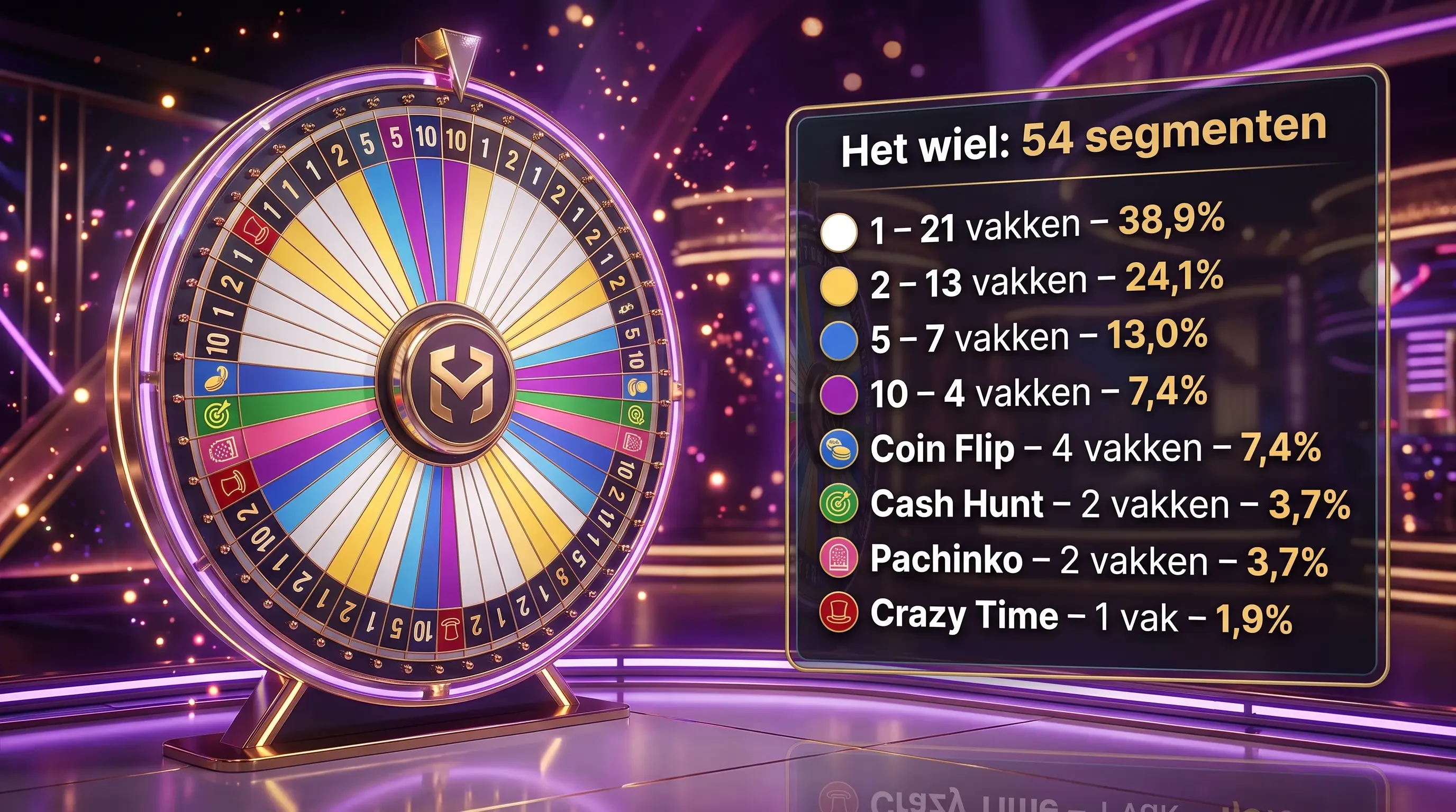 Crazy Time wiel met 54 segmenten en de kans per vak